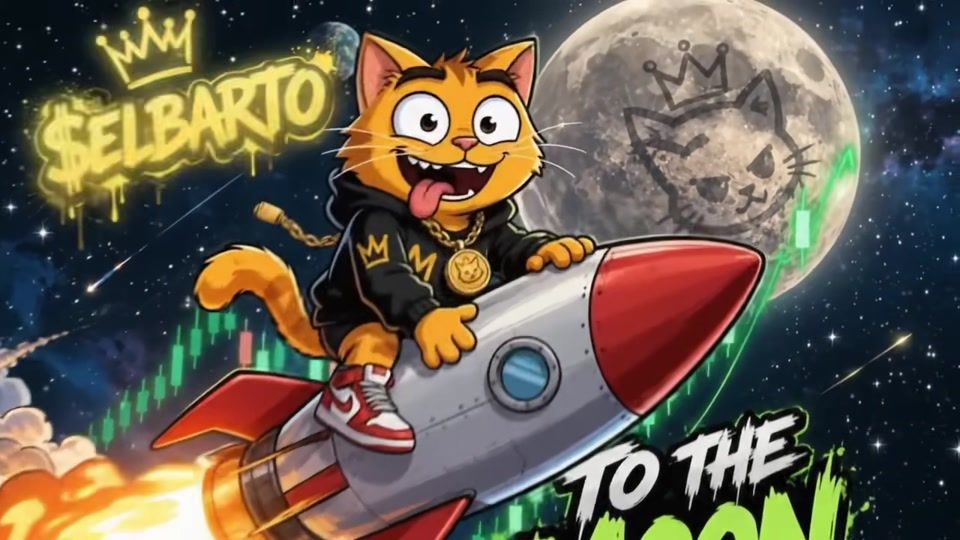Crowned ELBARTO cat riding a rocket toward a moon painted with a cat crown