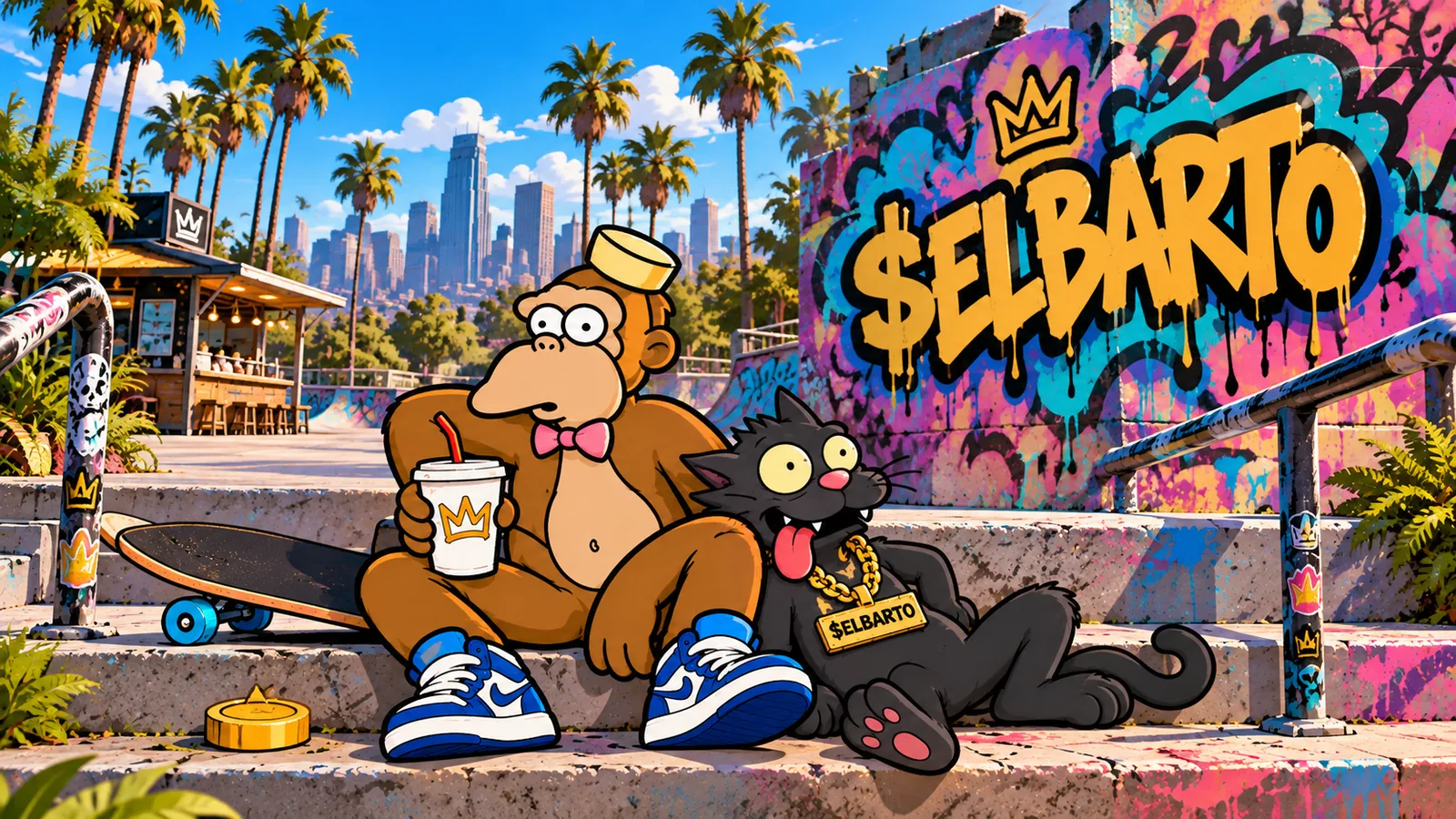 Black cat and crowned monkey at a colorful skatepark